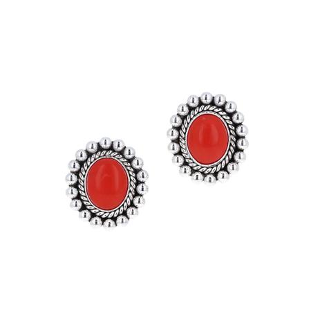 Round Coral and Silver Dot Clip Earrings