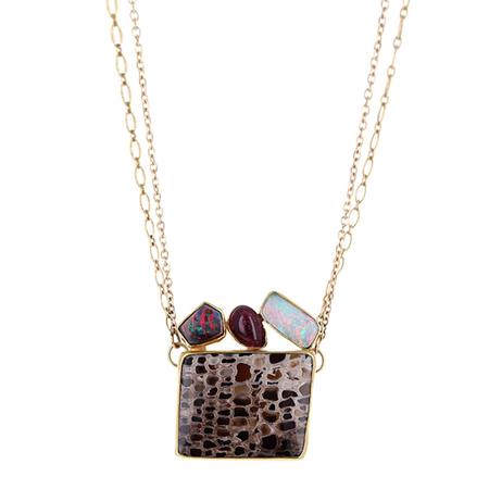 Pink Tourmaline with Palm Wood Pendant Necklace