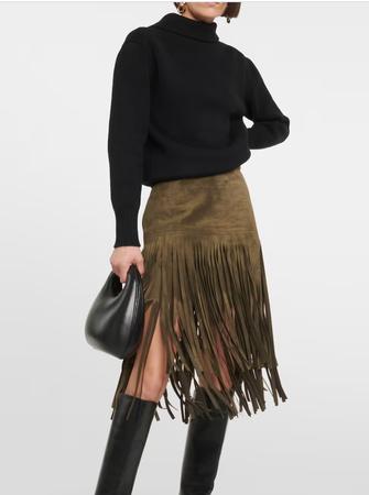 Fringe-Trimmed Suede Midi Skirt