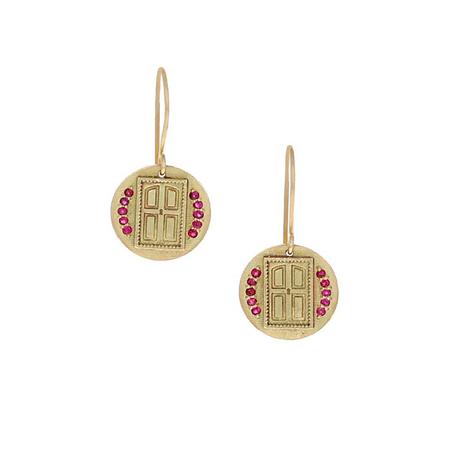 Gold and Ruby Door Dangle Earrings 