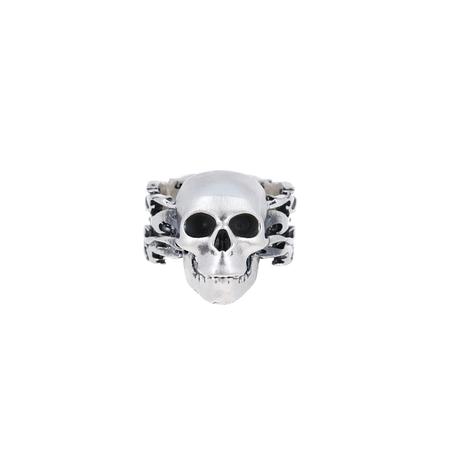 Silver Skull Flames Ring