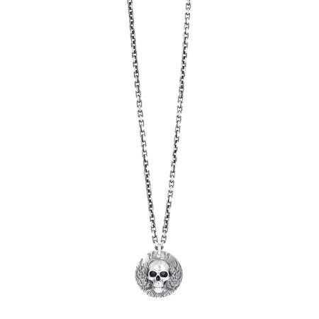 Silver Skull with Flames Pendant Necklace