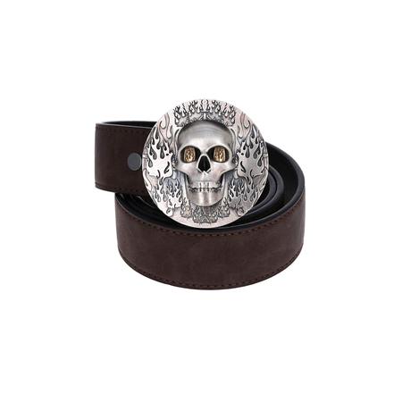 Skull Flames Belt Buckle with Leather