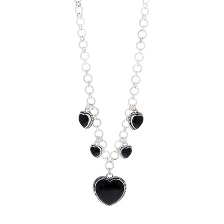 Black Onyx Graduated Heart Charm Necklace