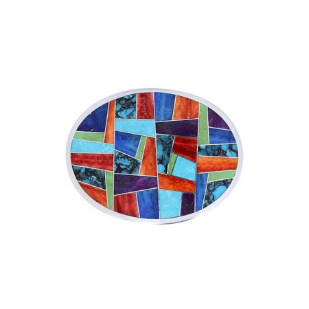 Multi Stone Inlay Oval Belt Buckle