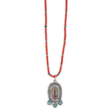 Lady of Guadalupe on Coral Bead Necklace