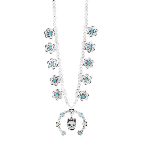 Cat Turquoise Flower Squash Blossom Necklace